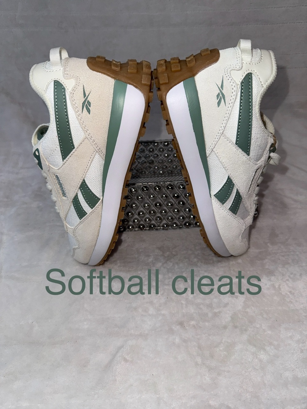 Classic Reebok Women's Drive Sneakers, White and Green, textured gum ripple sole